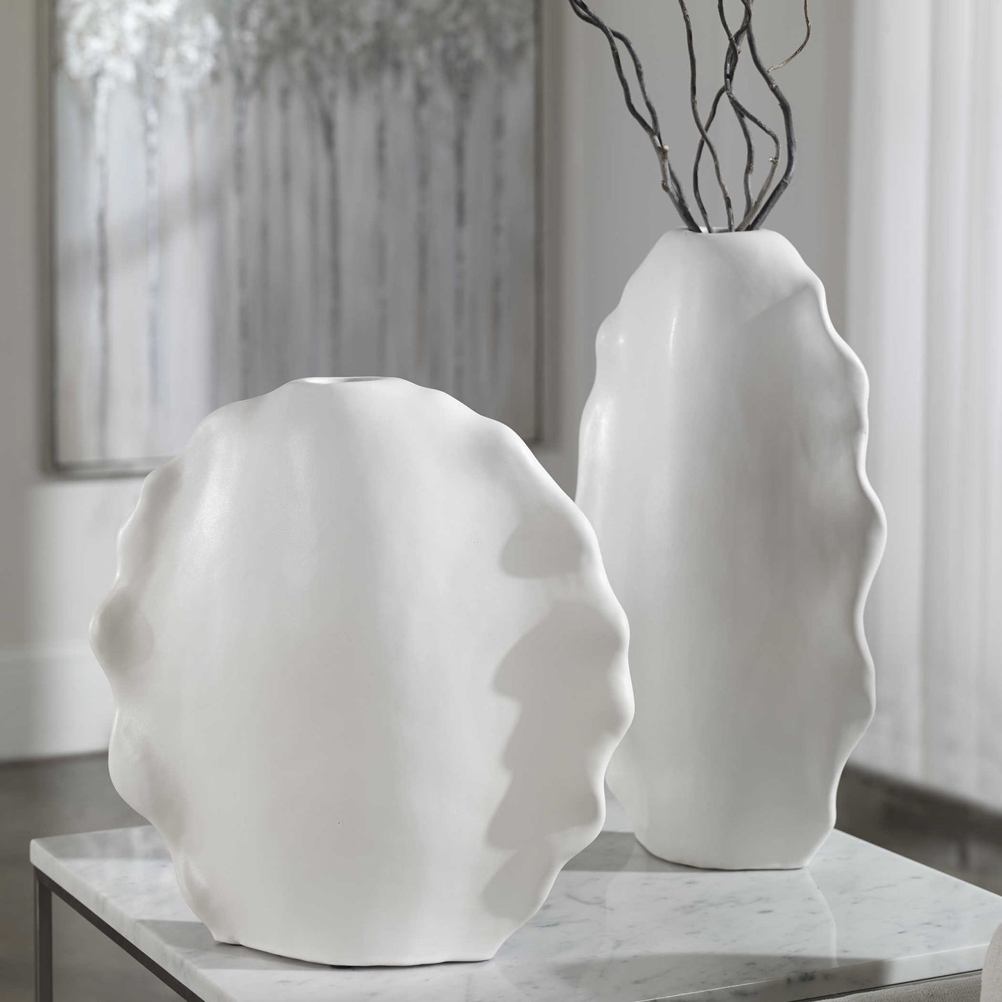 Ruffled Feathers Vases, White (Set of two)